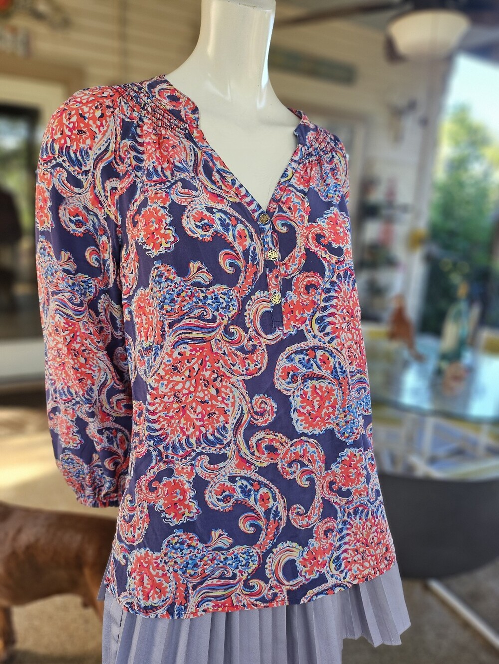 Lilly Pulitzer Women's S Red Elsa For The Halibut Silk Paisley Peasant Blouse - Picture 2 of 11
